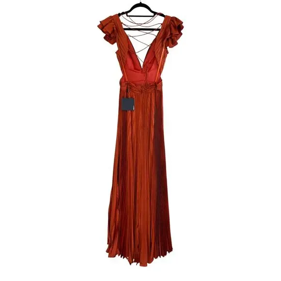 Ieena for Mac Duggal 26729 Satin Pleated Plunge Neck Lace Up Back Gown Size 2 - Picture 3 of 9